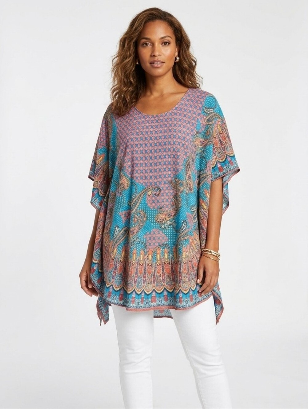 NWT Tolani 100% Silk Kaftan Tunic Top 3X Plus Size Paisley Blue Pink Boho New
